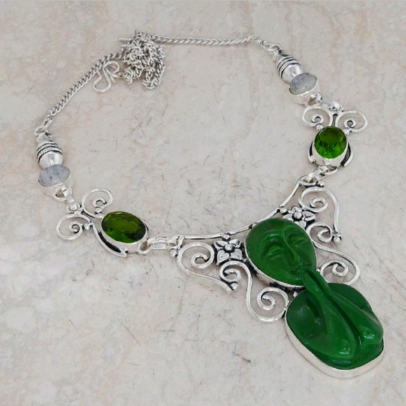 New Peridot, Rainbow Moonstone Carved Green Praying Goddess 925 Silver Necklace. - Picture 1 of 1